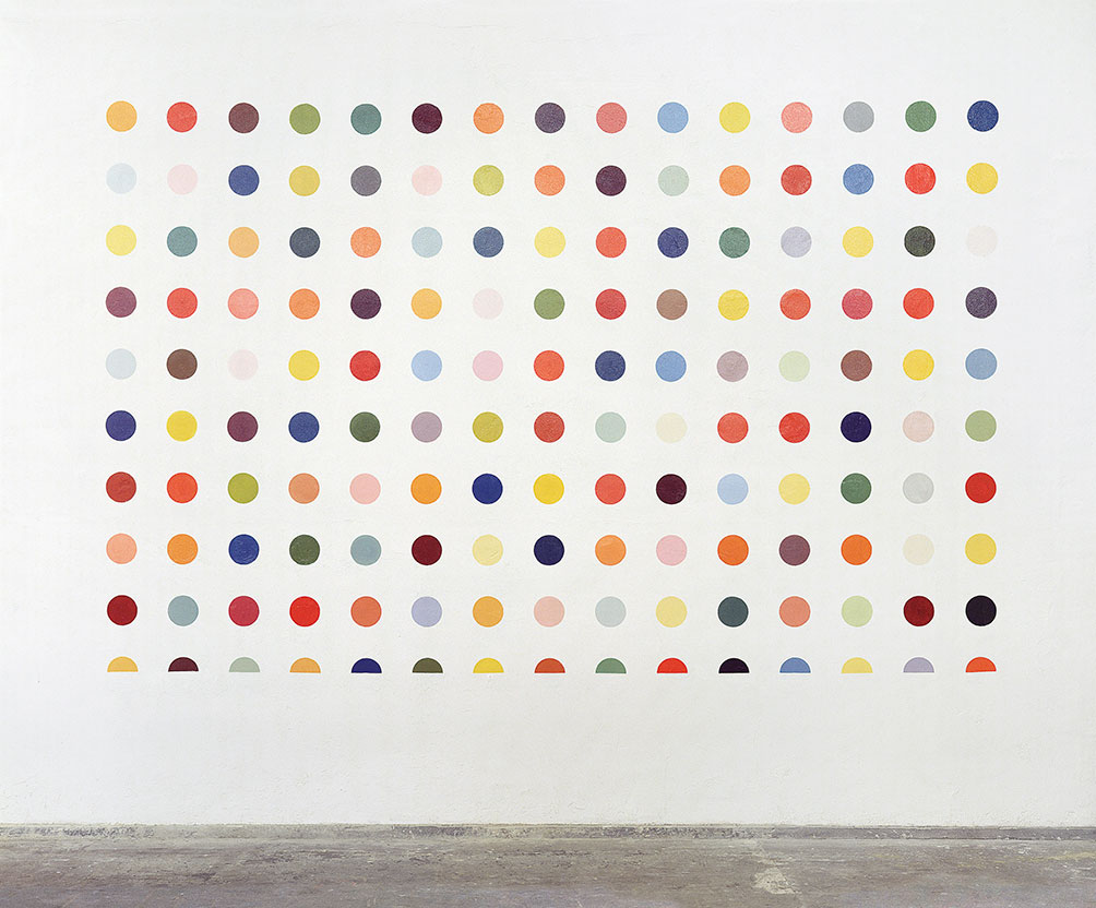 Damien Hirst, Edge from the Spot Series and first shown at Freeze – directly painted onto the warehouse wall, 1988, Photographed by Ed Woodman © Damien Hirst and Science Ltd.